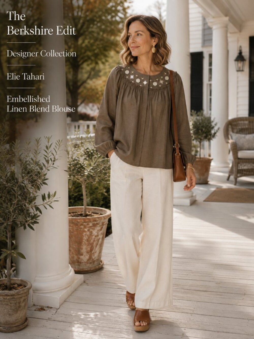Elie Tahari Linen Blend Embellished Boho Peasant Blouse Brown Size M